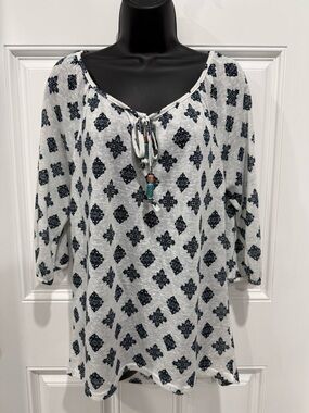 Rewind White and Navy Diamond-Print Peasant Tunic